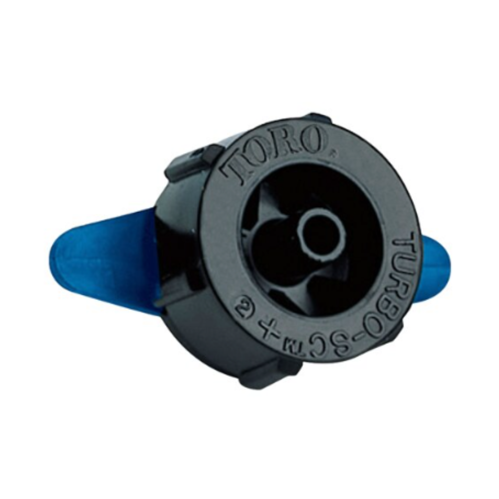 Blue 0.5 GPH Toro Turbo-SC pressure-compensating drip emitter with male adapter and bug shield, for 1/4-inch tubing, color-coded