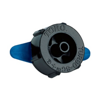 Blue 0.5 GPH Toro Turbo-SC pressure-compensating drip emitter with male adapter and bug shield, for 1/4-inch tubing, color-coded