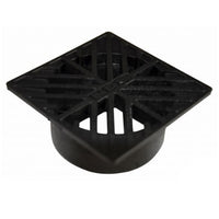 Top-down view of black NDS 4-inch square structural foam polyolefin grate showing diagonal converging pattern and open slots for surface drainage.