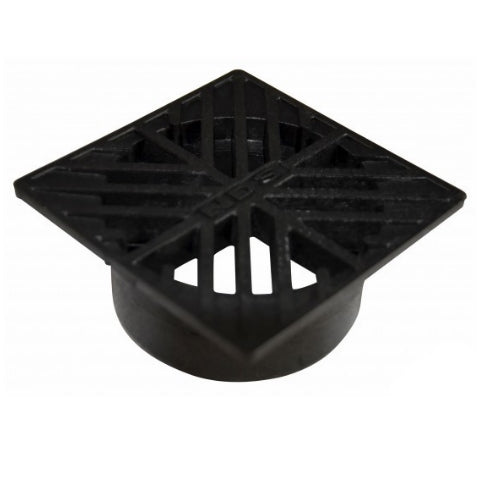 Top-down view of black NDS 4-inch square structural foam polyolefin grate showing diagonal converging pattern and open slots for surface drainage.