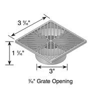 Angled view of NDS 4-inch square grate installed on a flat surface, highlighting heel-proof pattern and UV-resistant black finish.