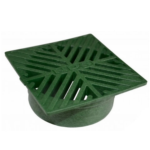 Top view of NDS 6-inch green square drainage grate made from structural foam polyolefin, showing open lattice pattern and exterior finish.