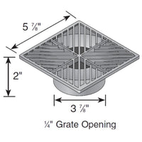 Angled view of NDS 6-inch green square grate highlighting side profile, collar seating, and lattice openings for debris filtration.