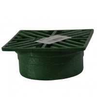 Close-up detail of NDS 6-inch green square drain grate underside and edge showing structural foam polyolefin construction and mounting surfaces.