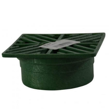 Close-up detail of NDS 6-inch green square drain grate underside and edge showing structural foam polyolefin construction and mounting surfaces.