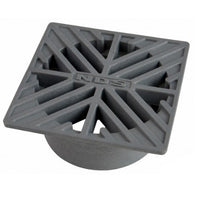 Angled front view of NDS 6 in. square grey drainage grate in foam polyolefin, showing grid pattern, mounting lip, and textured surface for flow control.