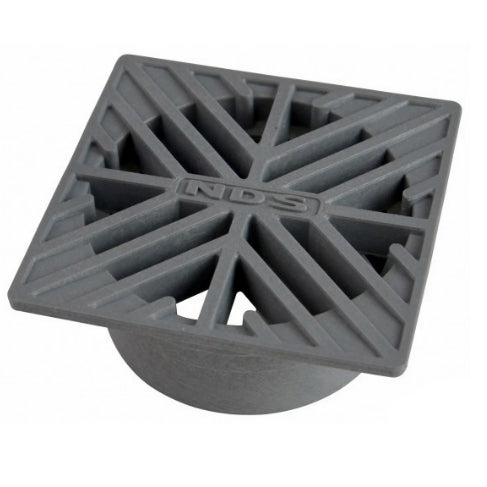 Angled front view of NDS 6 in. square grey drainage grate in foam polyolefin, showing grid pattern, mounting lip, and textured surface for flow control.