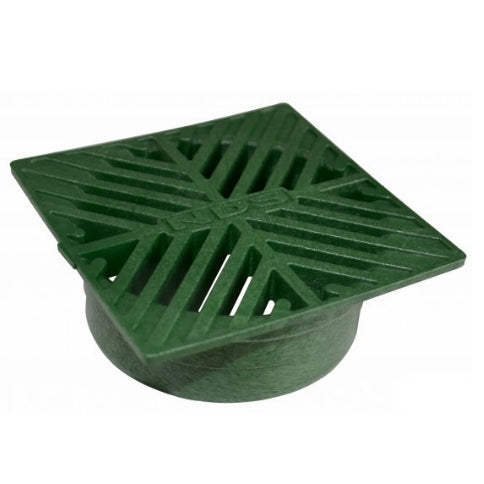 Top view of green NDS 5-inch square drainage grate made from foam polyolefin showing square grid pattern and molded edges.