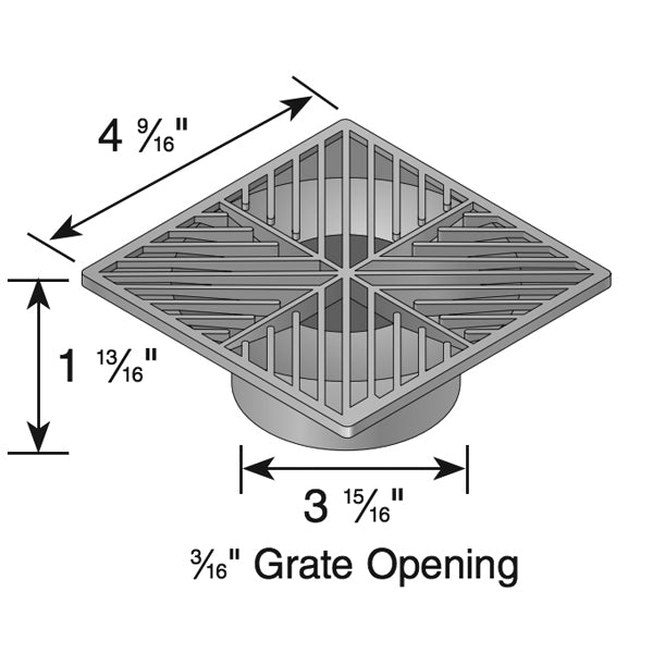 Angled close-up of green NDS 5-inch square grate highlighting grid openings and molded foam polyolefin construction details.