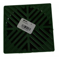 Side view of green NDS 5-inch square grate showing profile, socket area, and compatibility with 4-inch pipe connections.