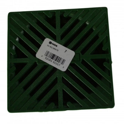 Side view of green NDS 5-inch square grate showing profile, socket area, and compatibility with 4-inch pipe connections.