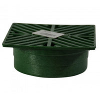 Group view of multiple green NDS 5-inch square grates stacked to show texture, grid pattern, and lightweight molded construction.