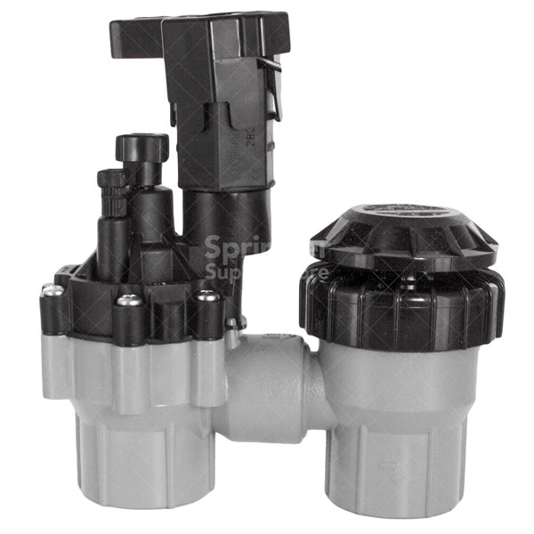 Rain Bird 075ASVF 3/4-inch anti-siphon irrigation valve, plastic body front view showing threaded NPT inlet and integrated vacuum breaker (product perspective).