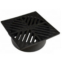 Top view of black NDS 5-inch square foam polyolefin drain grate showing square slot pattern and molded texture.