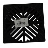 Side profile of NDS 5-inch square drain grate in black, showing thickness and how it interfaces with 4-inch pipe openings.