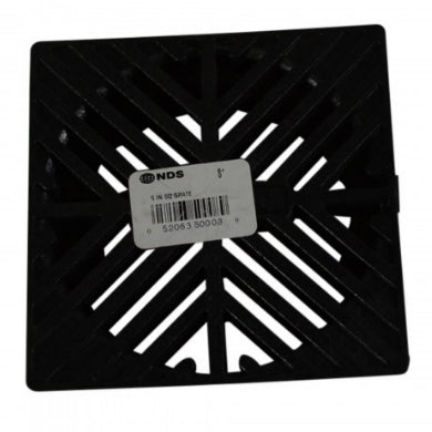Side profile of NDS 5-inch square drain grate in black, showing thickness and how it interfaces with 4-inch pipe openings.