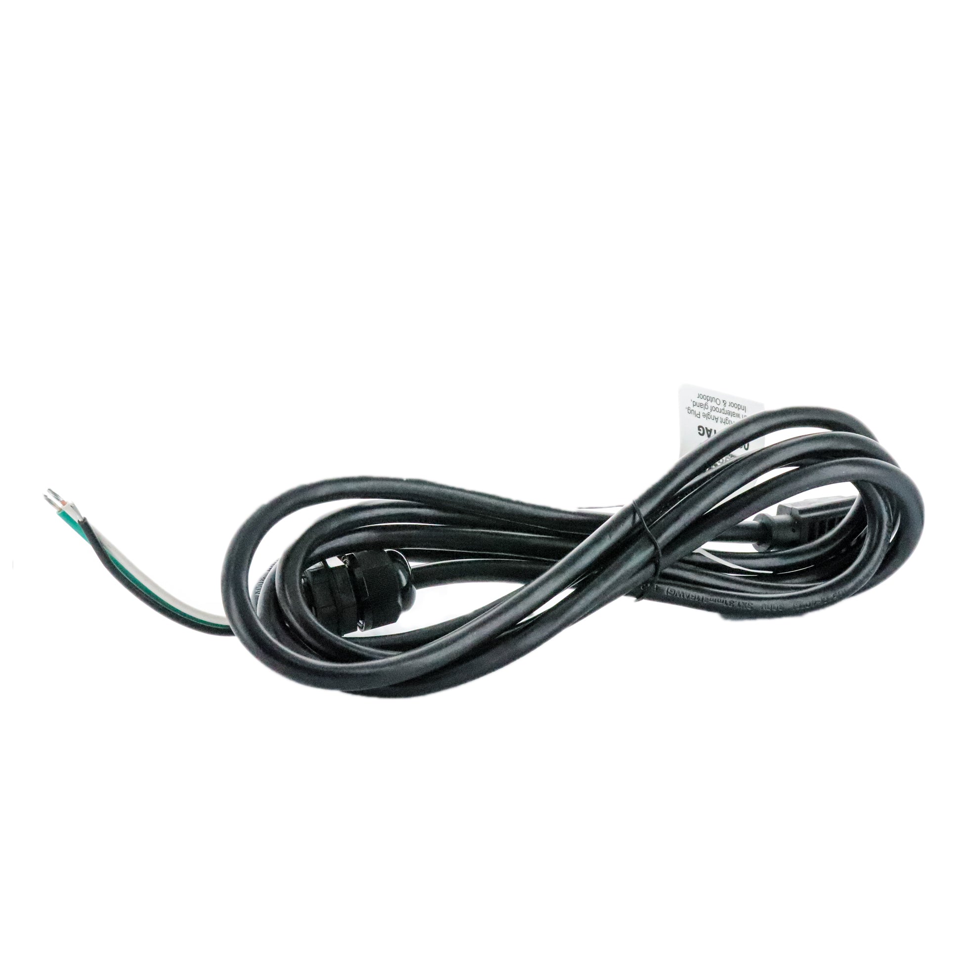 Paige Electric 8-foot black pigtail with right-angle plug and waterproof gland shown coiled on a white background for product reference (outdoor power lead).