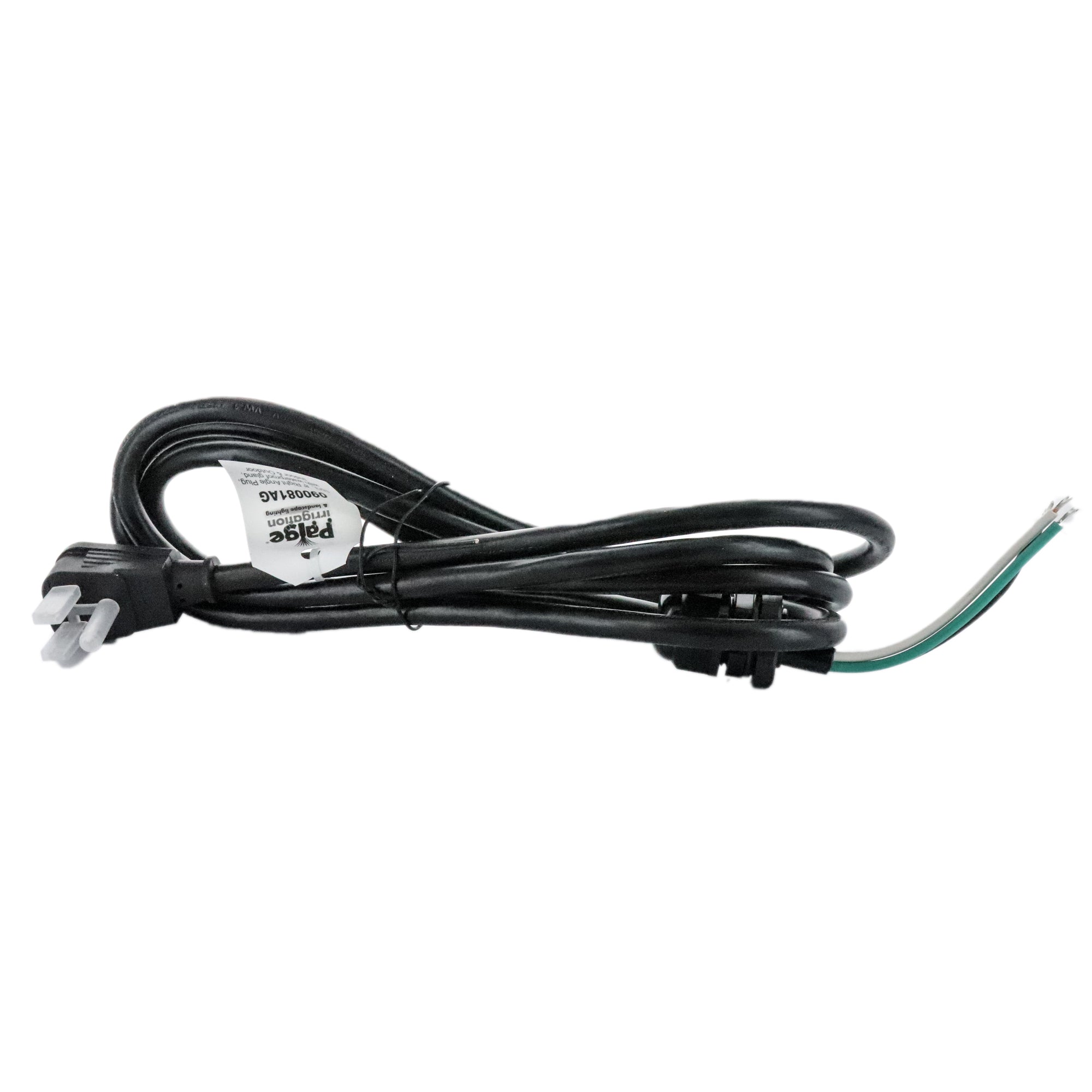 Detail of the 16 AWG jacketed cord and waterproof gland on the Paige Electric 8-foot pigtail, illustrating rugged outdoor construction and plug orientation.