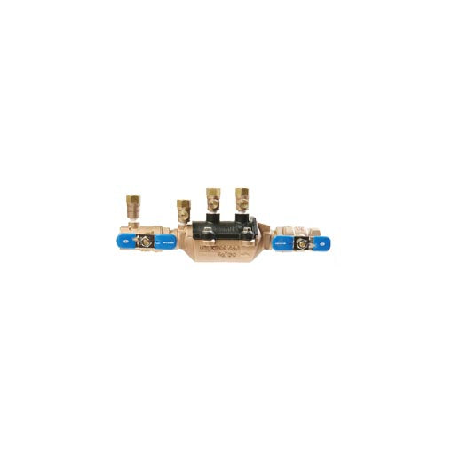 Front-side photo of the Wilkins 1" 350 double check backflow valve assembly showing the valve body, test ports, and full-port QT ball valves for service.