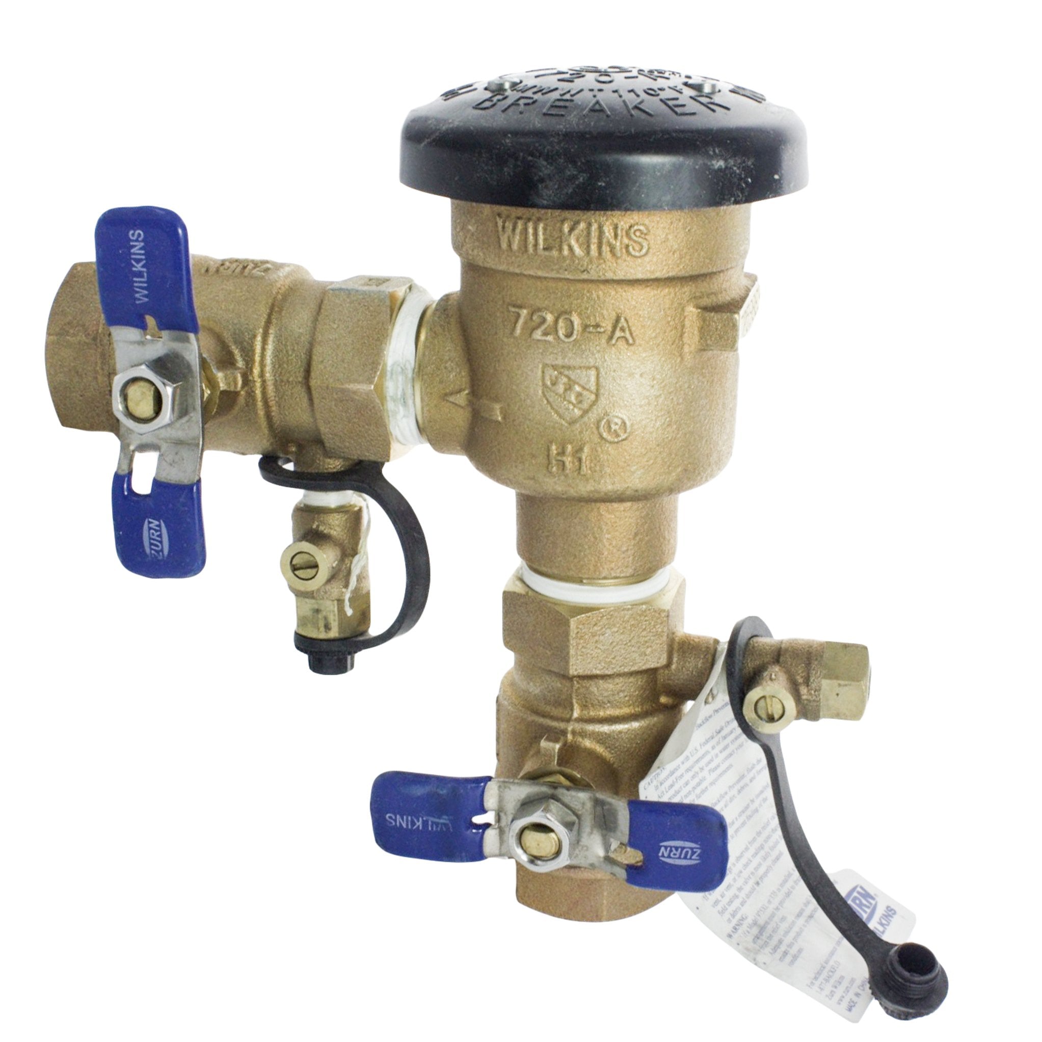 Front-left view of Wilkins 12-720A 1/2" pressure vacuum breaker in cast bronze, showing inlet ball valve and test cock for maintenance.