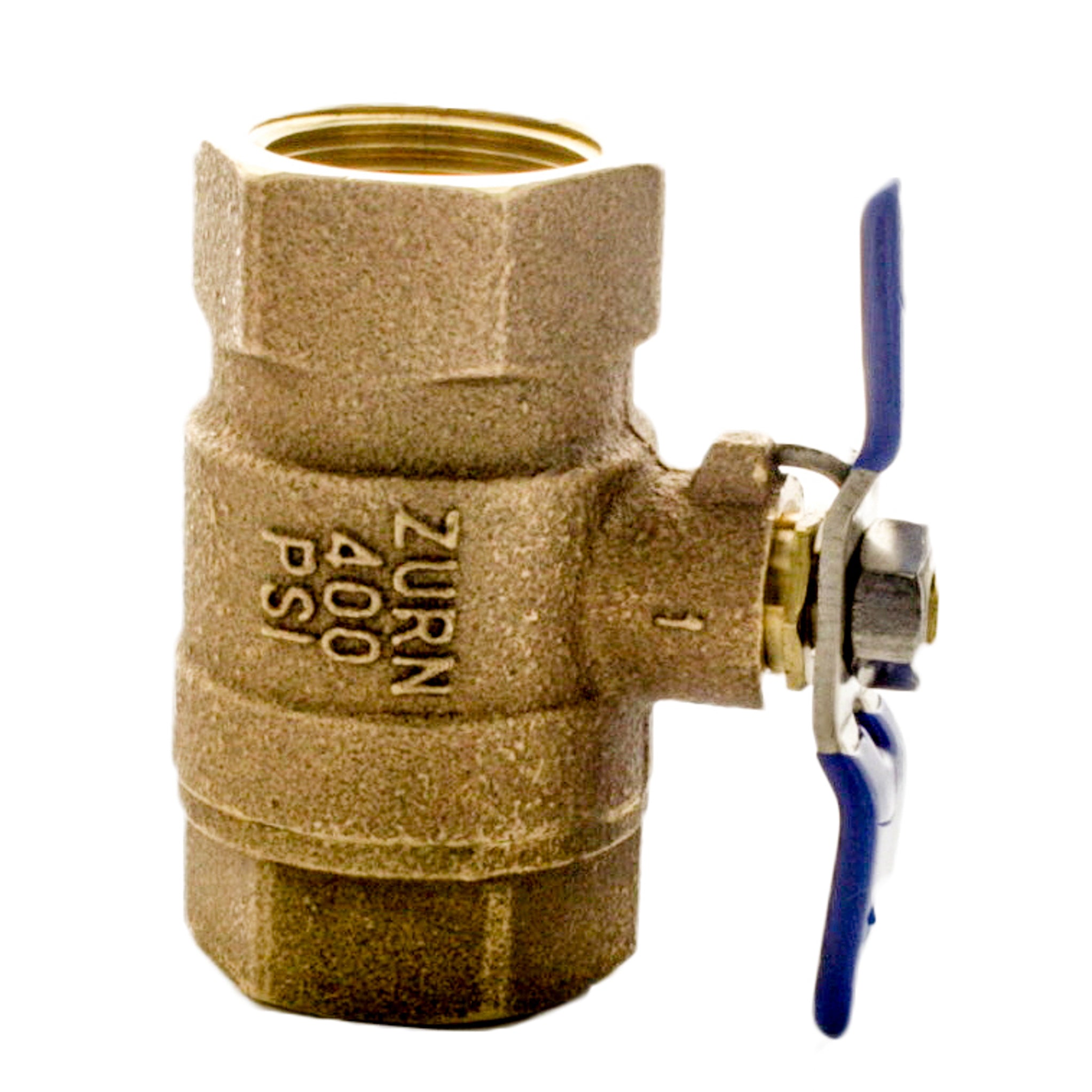 Wilkins 1-850 1-inch bronze full-port ball valve front view showing FNPT threaded ends and green lever handle, close-up of body