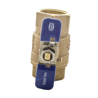 Side profile of Wilkins 1-850 1" bronze ball valve highlighting full-port bore and lever handle orientation for quarter-turn operation