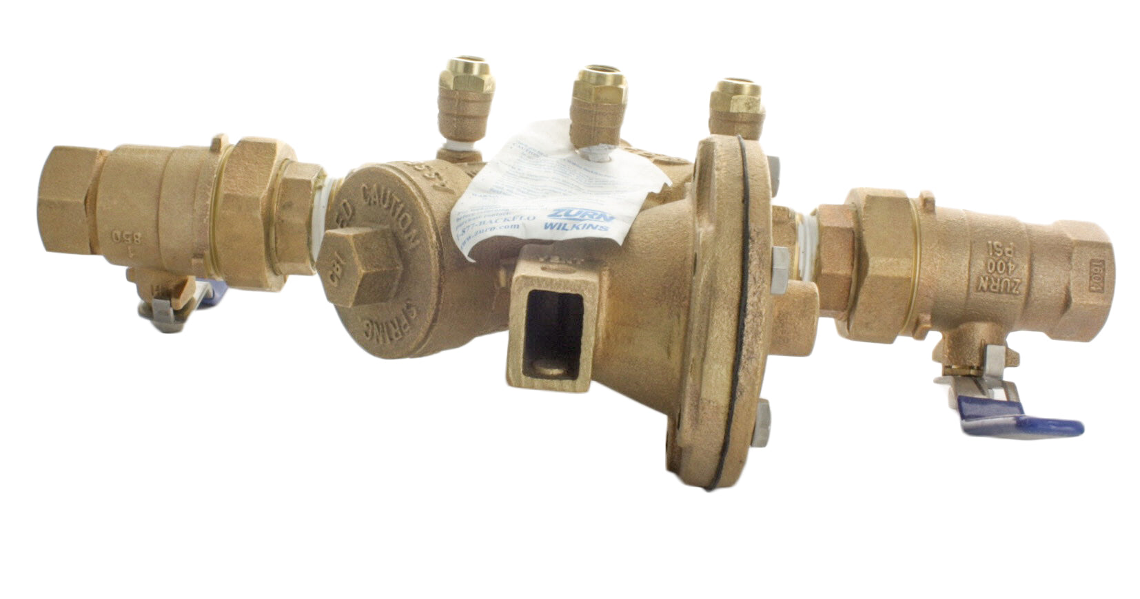 Side profile of Wilkins 975XLU backflow preventer highlighting union couplings and compact wye-pattern bronze body for easy service access.