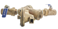 Front view of Wilkins 975XLU 1-inch reduced-pressure backflow preventer showing bronze wye-pattern body and union connections.