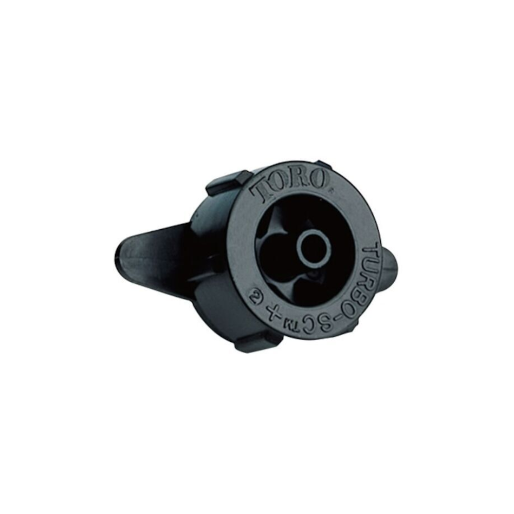 Black 1.0 GPH Toro Turbo-SC pressure-compensating drip emitter with male adapter and integrated bug shield, designed for 1/4-inch tubing