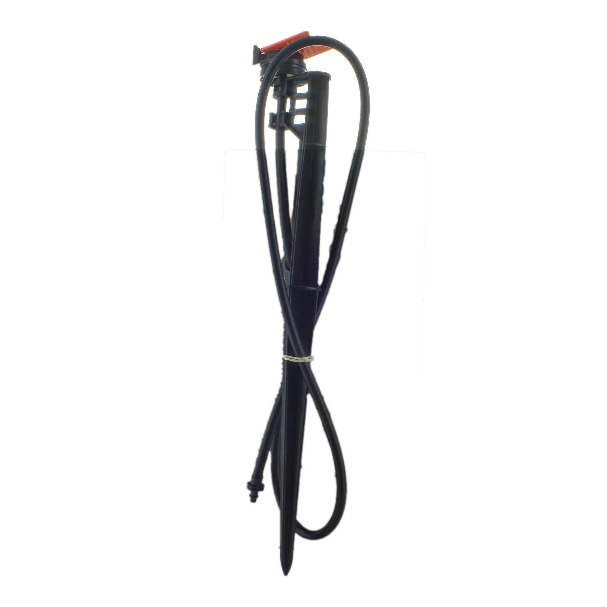 Front view of Netafim Operation Indicator Stake (SKU 10-F-01) showing red visual flag, anchoring stake and 4mm barb tubing connection (diagnostic tool).
