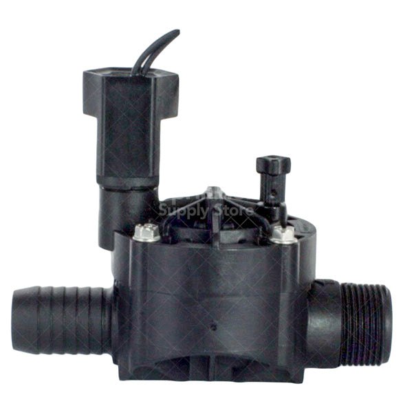 Rain Bird 100-HV-MB 1-inch HV electric irrigation valve front three-quarter view showing solenoid and male inlet with barb outlet on white background.