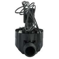 Side view of Rain Bird 100-HV-MB 1-inch HV valve highlighting compact body, solenoid assembly, and barb outlet for flexible tubing connections.