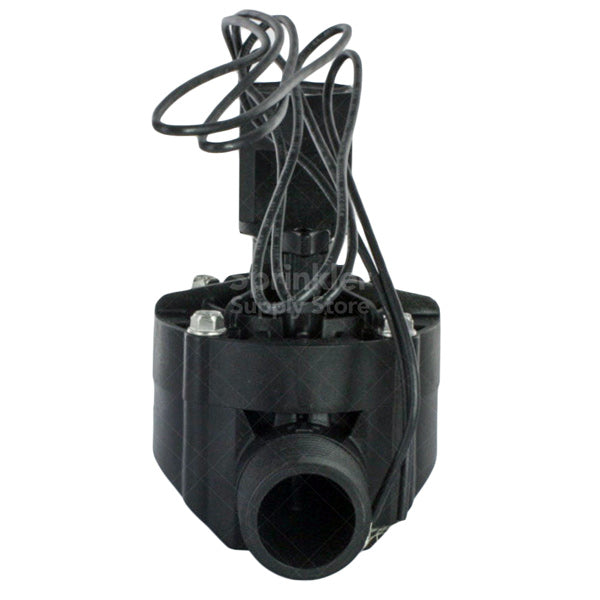 Side view of Rain Bird 100-HV-MB 1-inch HV valve highlighting compact body, solenoid assembly, and barb outlet for flexible tubing connections.