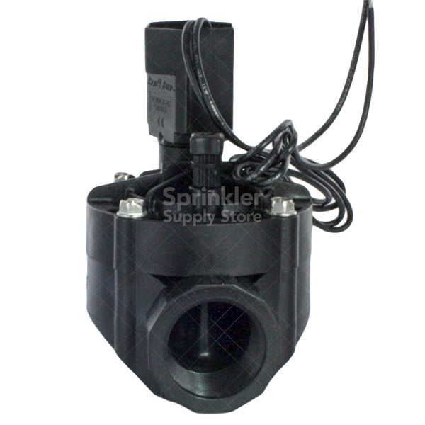 Top and side view of Rain Bird 100-HV-NPT valve showing solenoid, bonnet, and 1-inch female NPT threaded inlet and outlet connections.