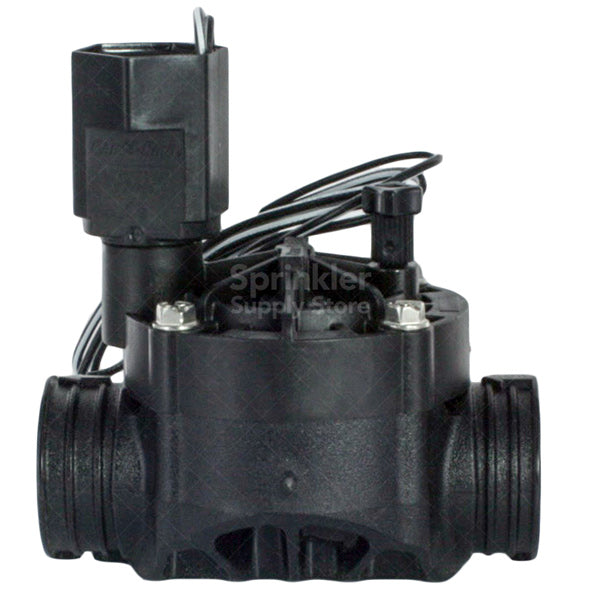 Rain Bird HV Series 100-HV-SS 1-inch slip x slip electric irrigation valve, front view showing bonnet and solenoid (glass-filled polypropylene body).