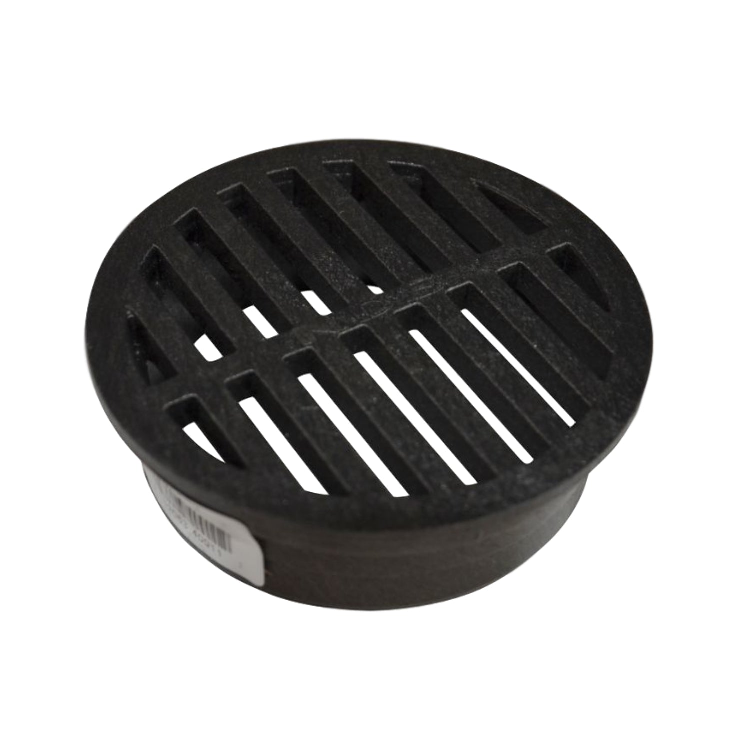 Top view of NDS 4" black round drain grate showing grate pattern, UV-stabilized polyolefin/HDPE construction, 1.5" profile and 3.85 sq. in. open area.