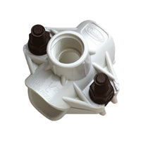 Dawn KwikSeal plastic saddle tee shown on white background, 1-1/4" inlet with 1/2" FPT outlet, molded barb seal visible.