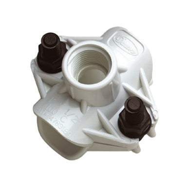 Dawn KwikSeal DST1X3/4 plastic saddle tee front view showing 1" x 3/4" female-thread outlet and molded barb seal for polyethylene pipe (close-up).