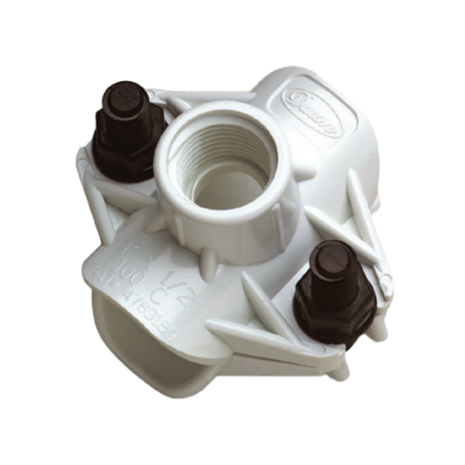 Front view of Dawn DST1x1/2 KwikSeal plastic saddle tee, 1 inch main to 1/2 inch branch, low-profile body and molded barb seal visible.