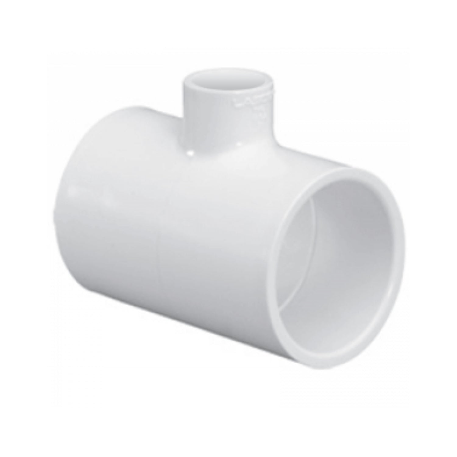 White Schedule 40 PVC slip reducing tee (nominal 2-1/2" x 2-1/2" x 1-1/2") shown front view with socket ends, product image.