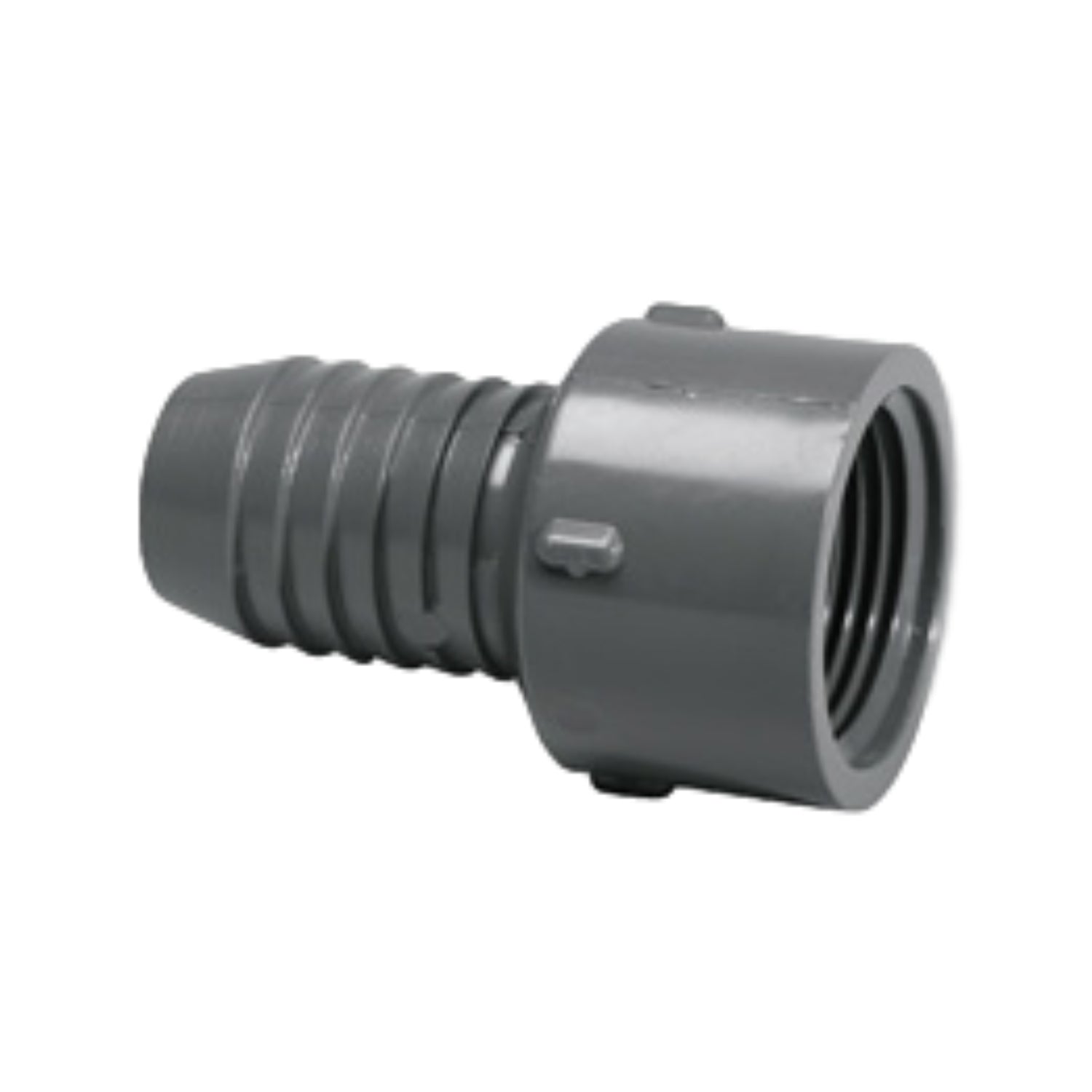 LASCO 1435-015 gray PVC insert female adapter, 1-1/2 inch - side view showing barbed insert and female NPT threads on white background.