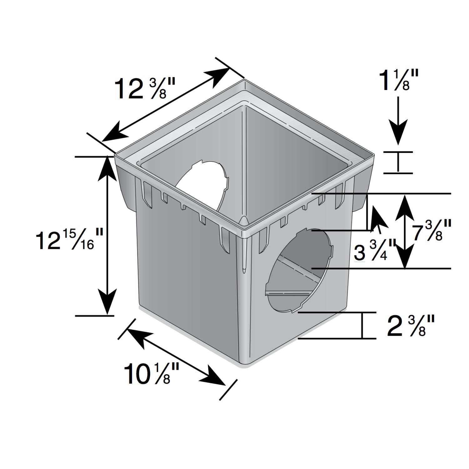 Top-down view of NDS 12-inch square catch basin showing the black HDPE slotted grate, keyed side openings and the built-in sump for debris collection and maintenance.