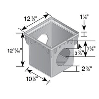 Top-down view of NDS 12-inch square catch basin showing the black HDPE slotted grate, keyed side openings and the built-in sump for debris collection and maintenance.