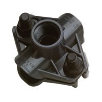 Close-up of Dawn KwikSeal plastic saddle tee 3/4" x 1/2" FPT showing molded barb seal and T-bolt assembly