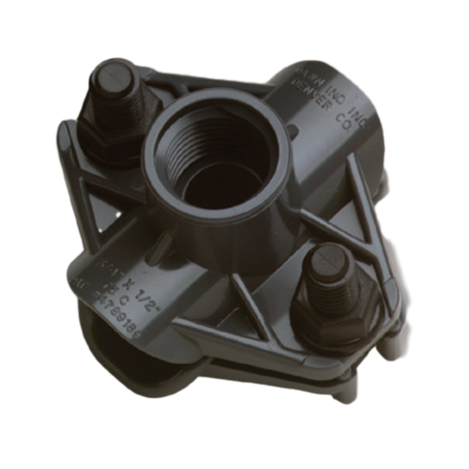 Dawn KwikSeal 75D plastic saddle tee for 3/4-inch poly pipe with molded barb seal, low-profile body, and fiberglass-reinforced nylon T-bolt for corrosion resistance.