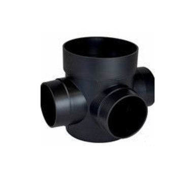 Top and angled view of black 6-inch NDS Spee-D round catch basin showing three knock-out outlet ports and the internal sump for debris collection.