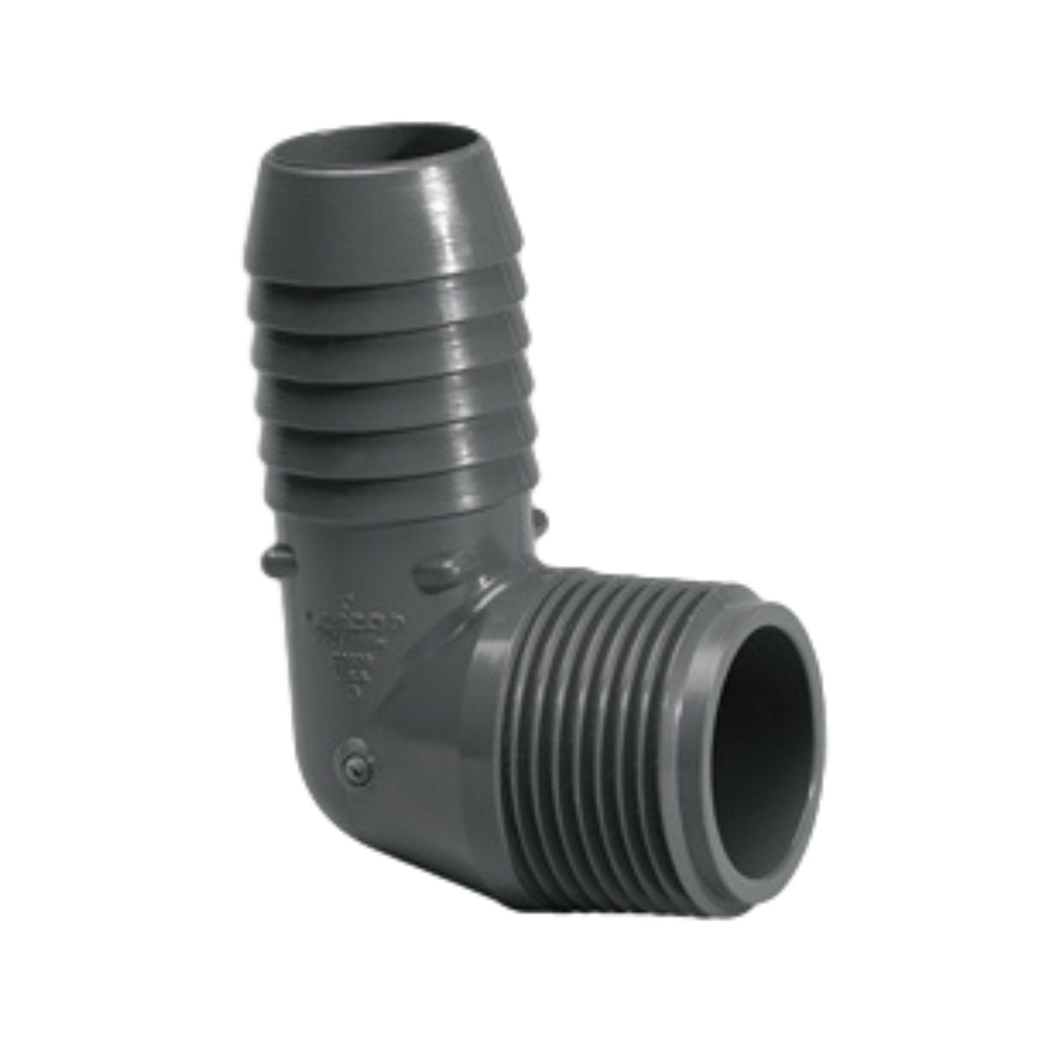 Front view of a 3/4-inch PVC combination elbow (insert x MIPT), gray fitting for irrigation and sprinkler systems.