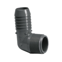 Front view of a 3/4-inch PVC combination elbow (insert x MIPT), gray fitting for irrigation and sprinkler systems.