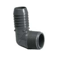 Lasco 1413-010 1-inch gray PVC 90-degree combination elbow showing the insert end and male NPT thread connection.