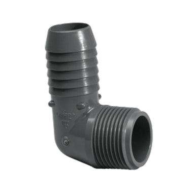 Gray Lasco 1413-015 PVC 90° combo elbow showing insert x MNPT connections, nominal 1-1/2 inch size and compact profile
